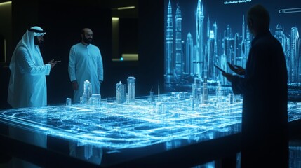 Three men stand around a table with a blue, glowing 3D model of a city on it. The men appear to be discussing the model.