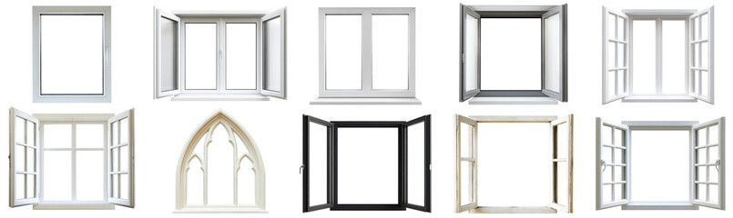 Set of classic house window frames in various styles, interior decoration isolated on background, empty window for home renovation.