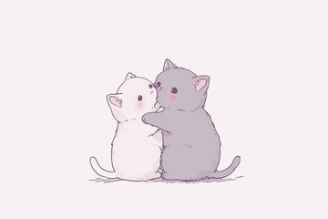 Fototapeta premium Two kittens sitting together one white and one gray their heads turned toward each other in a sweet and loving moment set against a soft pink background