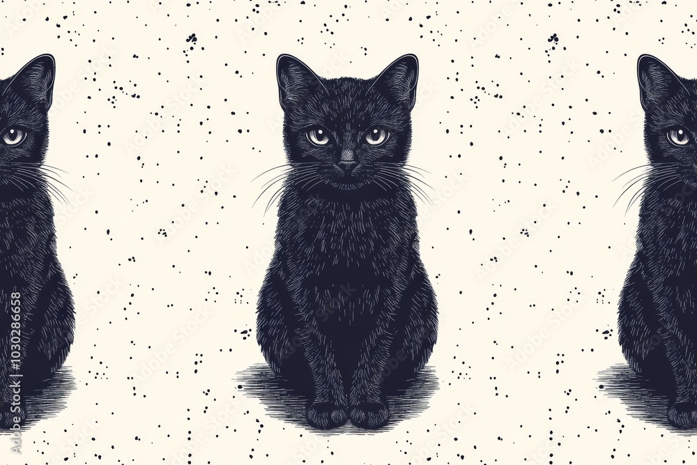 Aufkleber black kitten sitting against a beige background with small black dots scattered around creating a si