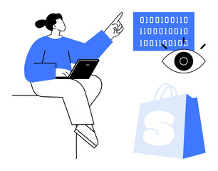 Woman sitting with a laptop points towards binary code while an eye graphic and shopping bag are visible. Ideal for technology, e-commerce, internet security, data analysis, and online shopping