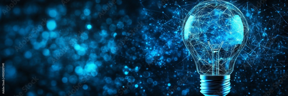Poster blue lightbulb with glowing wireframe structure and network connections on a blurred background