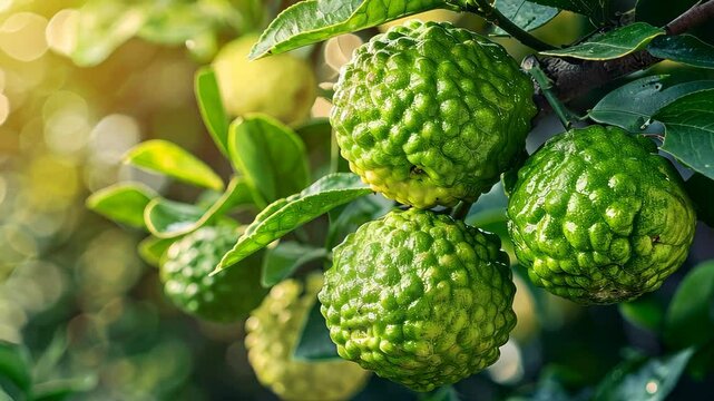 Three kaffir limes hang on a branch of a lime tree, bathed in the warm sunshine