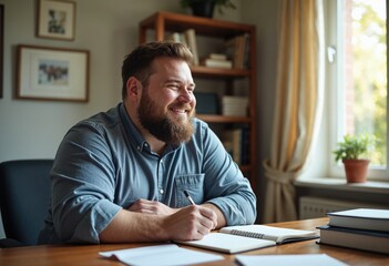 A man with a beard is sitting at a desk with a notebook and pen