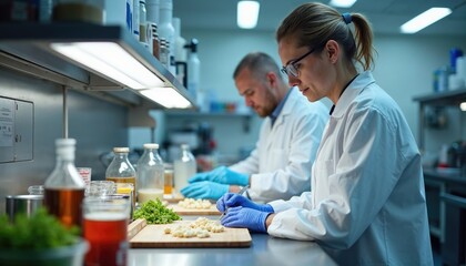 Fototapeta premium Two scientists in lab coats are preparing food on a cutting board