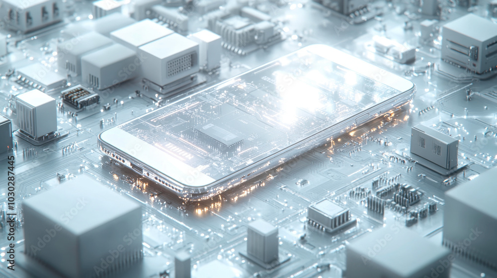Poster high-tech scene depicting a sleek smartphone integrated into a futuristic circuit board surrounded b