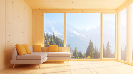 Minimalist living area with large open windows, a simple sofa, and light wooden textures blending with the natural view