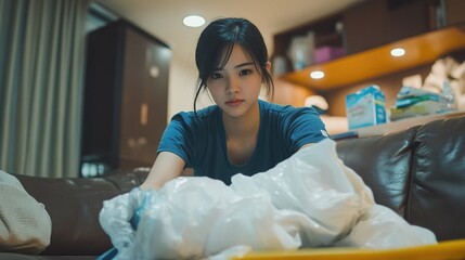 Woman Engrossed in Packaging Task