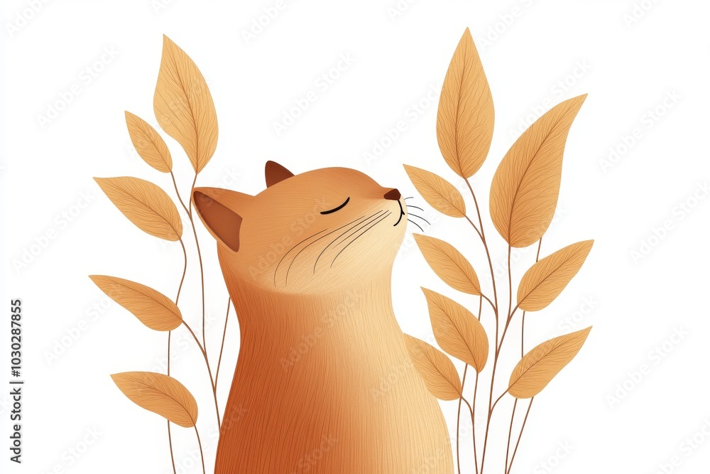 Poster Minimalist illustration of a ginger cat looking up with beige leaves in background combining nature and simplicity with warm autumnal tones and abstract design elements