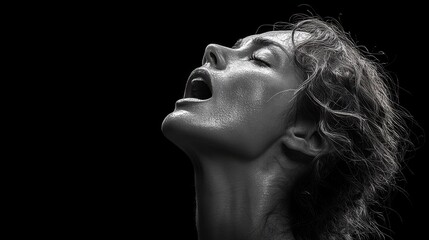 A woman with her eyes closed and mouth open, screaming.
