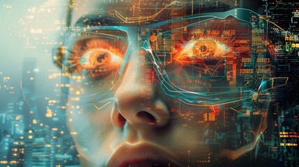 An economist of technology examines complex data visuals through augmented reality glasses against a vibrant city backdrop