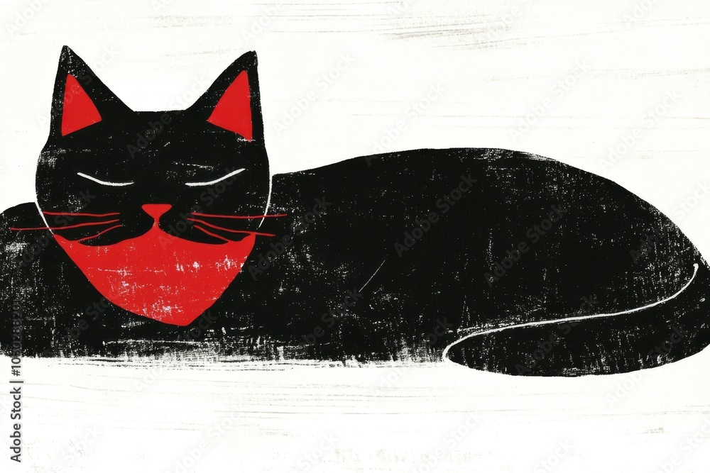 Poster artistic black cat illustration with bold red face on textured white background combining graphic de