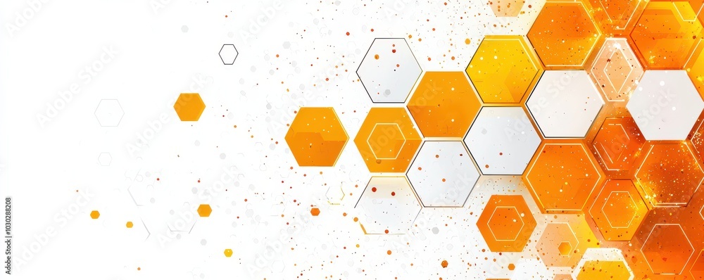 Aufkleber abstract illustration featuring orange and white hexagonal shapes with flowing ribbons on a modern a
