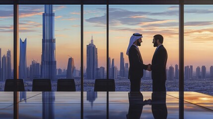 Two professionals in suits engage in a handshake against a stunning backdrop of Dubai's skyline during sunset, highlighting a moment of collaboration and connection in a corporate environment.