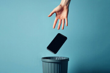 Hand throws phone into trash bin