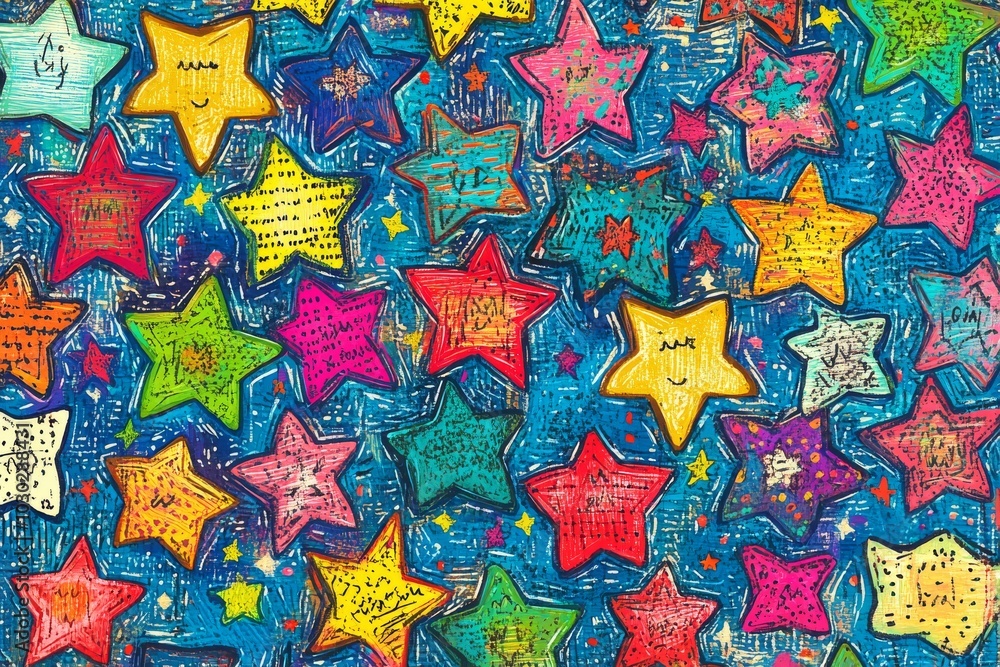 Poster vibrant and colorful pattern of stars with doodle like textures creating an energetic and playful at