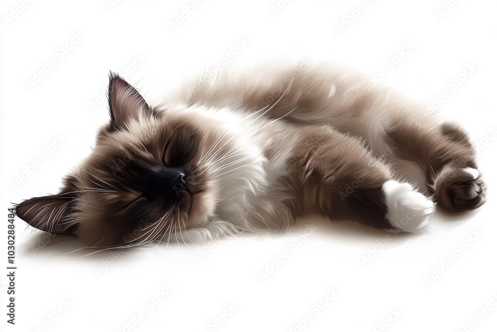 Poster close up of a fluffy ragdoll cat lying down in a relaxed pose blending softness and comfort with det