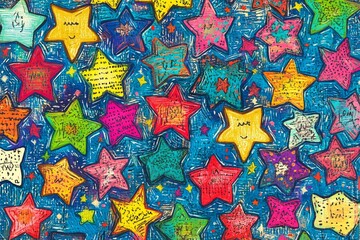 Fototapeta premium Vibrant and colorful pattern of stars with doodle like textures creating an energetic and playful atmosphere with multicolored elements perfect for party or festive decoration