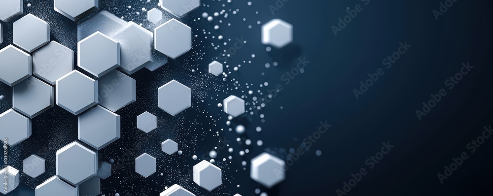 Poster illustration of white hexagons on a dark blue background creating a modern and abstract geometric pa