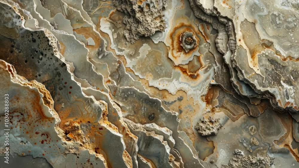 Poster a close-up of layered rock with an orange hue and a spiral pattern on the surface