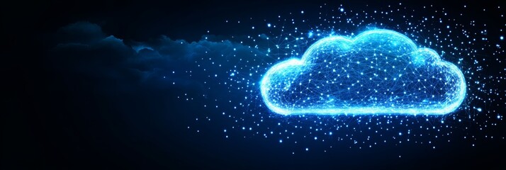 Abstract Glowing Cloud Computing Technology On Blue Background. Big Data Storage Network Concept.