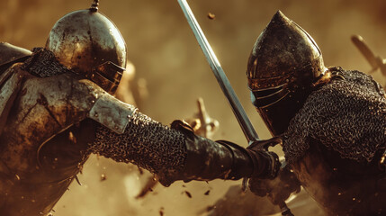Two medieval knights clash in a fierce battle amidst a fiery battlefield at dusk