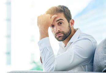 Businessman, portrait and serious thinking in office, idea and contemplating opportunity for...