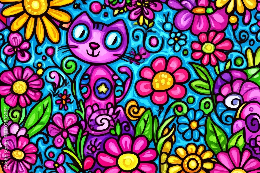 Poster colorful abstract floral pattern with a hidden blue cat face combining playful design with intricate