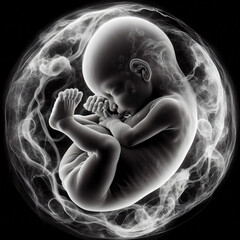 a fetus baby with flower petals in mother's body. Rentgen image