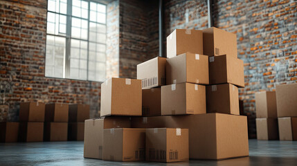 A stack of opened cardboard boxes in a corner of a warehouse, with items ready for inventory or shipping, showcasing industrial logistics.