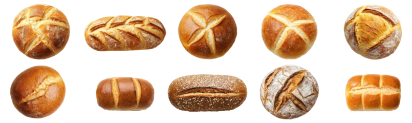 Selbstklebende Fototapeten Collection of various whole Bread baked from top view isolated on background, healthy bakery food for eating. © TANATPON