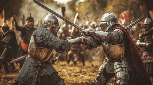 Two medieval knights clash in a fierce battle amidst a fiery battlefield at dusk