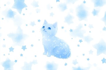 Blue cat silhouette surrounded by soft stars on a light blue background creating a whimsical and dreamy scene with ethereal tones blending magical and serene elements