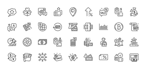 Discount banner, Sale and Deflation line icons pack. AI, Question and Answer, Map pin icons. Rent car, Currency exchange, Refund commission web icon. Payment, Phishing, Piggy sale pictogram. Vector