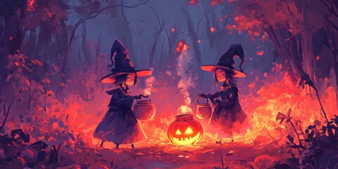 Fototapeta premium Charming Halloween Scene Featuring Enchanting Witches and a Spooky Pumpkin in a Mystical Forest Setting