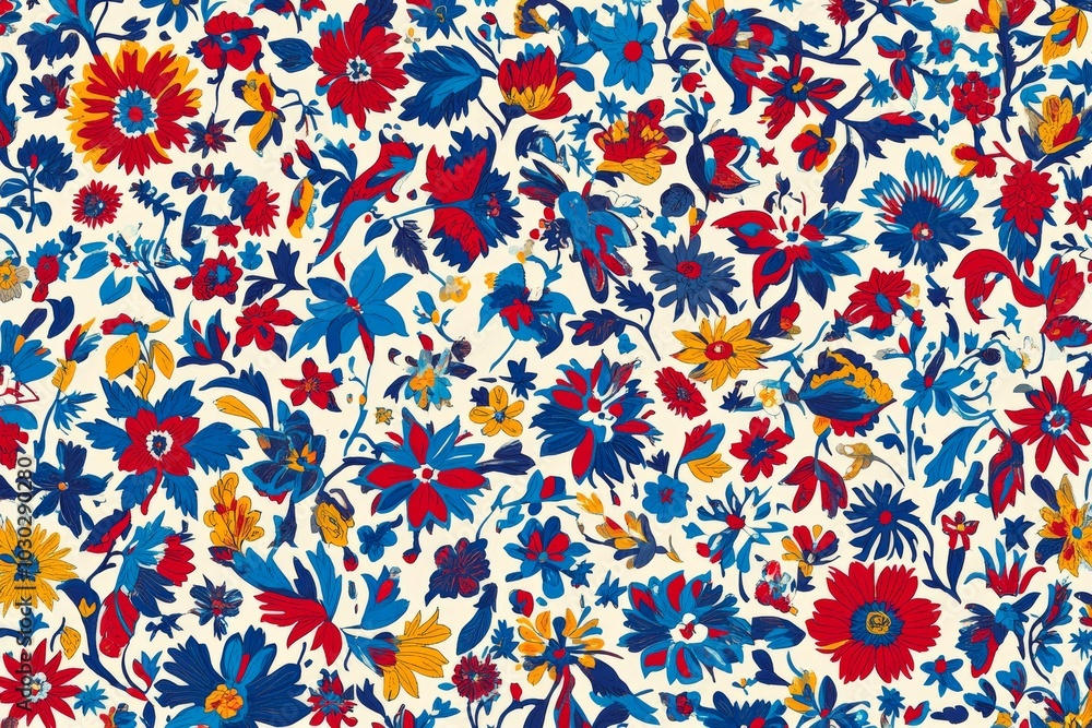 Poster colorful floral pattern with a hidden cat blending vibrant nature motifs and playful animal elements