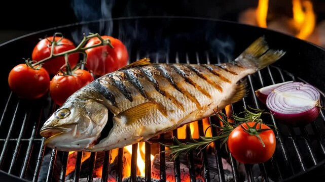Grilled fish with tomatoes and onion on a barbecue, showcasing a delicious meal preparation.