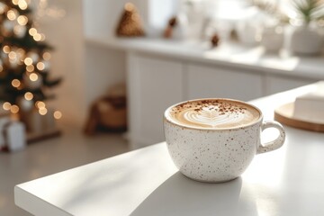 holiday cappuccino, a fragile cappuccino in a ceramic mug on a white table in a scandinavian kitchen, adorned with subtle festive decorations