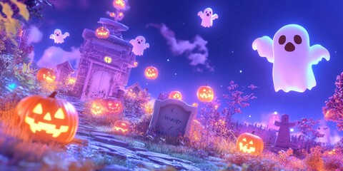 Naklejka premium Adorable Halloween Background with Ghosts and Pumpkins in a Spooky Graveyard Scene