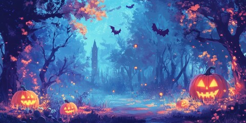 Obraz premium Charming Halloween Background with Spooky Pumpkins and Mystical Forest Vibes