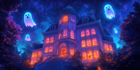 Adorable Halloween Background Featuring Whimsical Ghosts Enchanting Mansion and Starry Night Sky for a Spooktacular Vibe