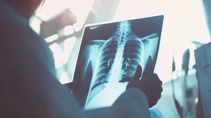 Doctor carefully examines X-ray film of patient's lungs, identifying COVID-19 complications, with medical instruments and charts in the background.
