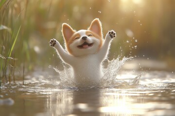 White puppy joyfully splashing in water at sunset capturing energy playfulness and freedom in a dynamic outdoor scene with golden light and reflections on the water