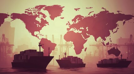 Red World map featuring shipping container vessels connected by digital networks, symbolizing global logistics and trade. Perfect for concepts of international commerce, and supply chain management