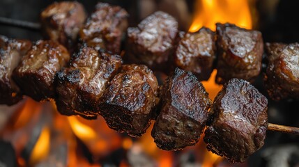 Juicy beef chunks grilled over an open flame, achieving a perfect charred flavor
