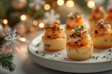 Obraz premium festive holiday catering, tiny christmas hors doeuvres on a white platter, with twinkling lights and snowflake decorations, capturing holiday magic