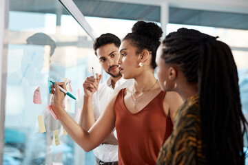 Planning, glass and business people in office for brainstorming, discussion and teamwork. Creative...