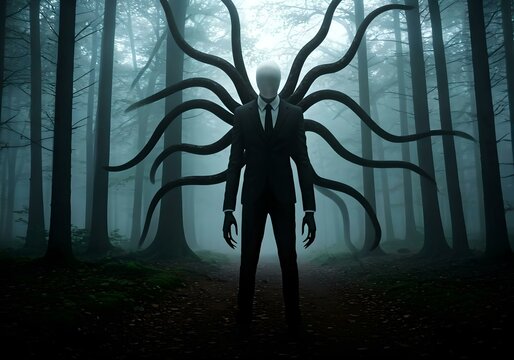 Slenderman surrounded by mist in the forest