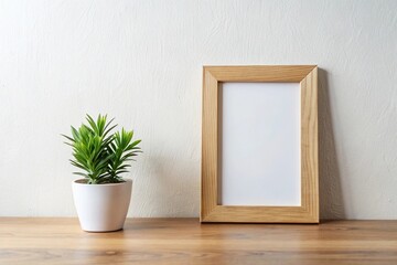 Wooden frame on white wall with plant in pot