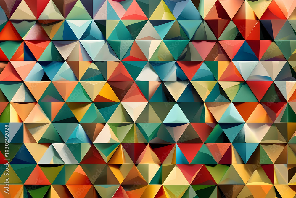 Poster a background with an array of colorful triangles, creating a vibrant and geometric pattern.